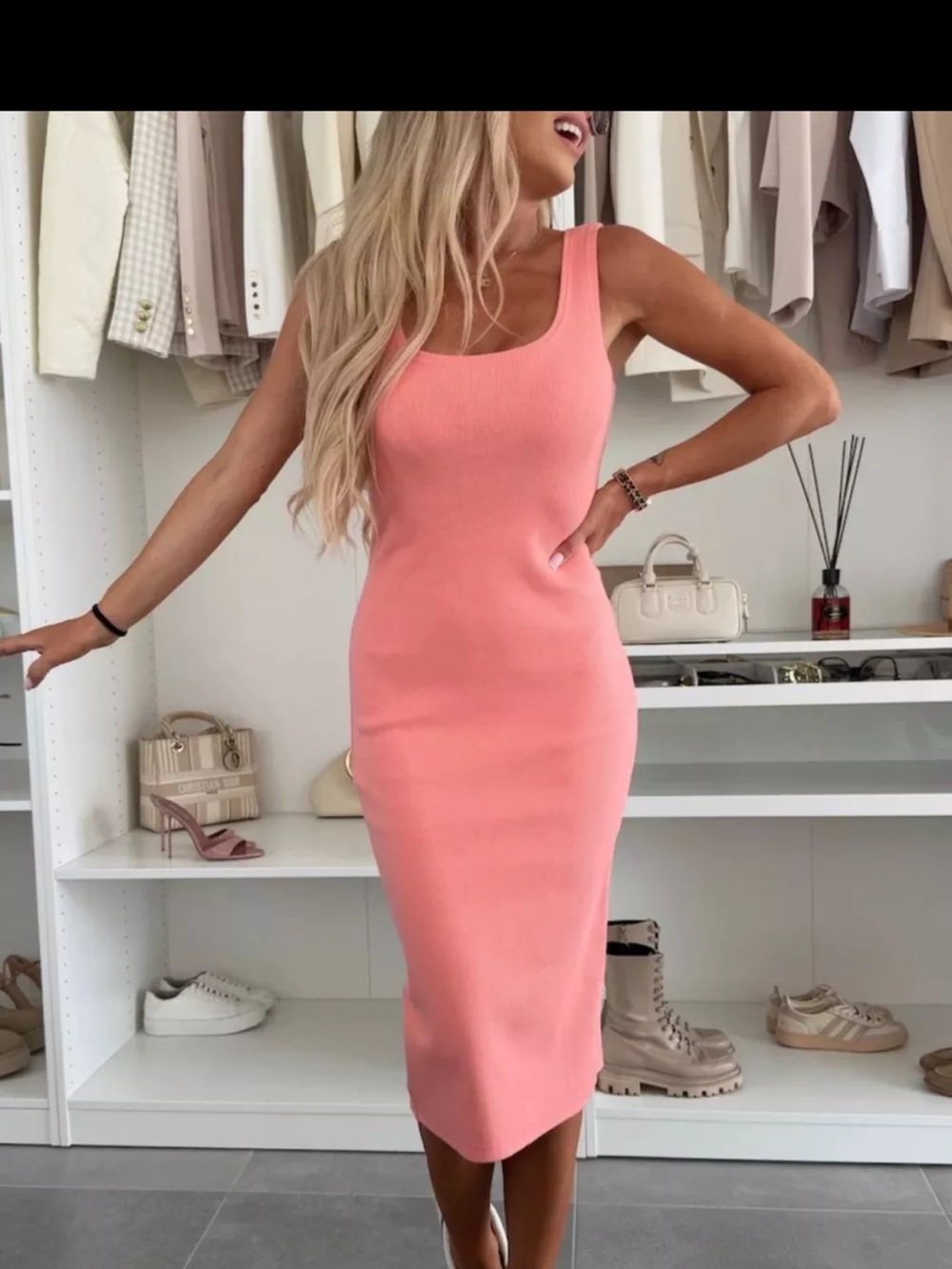 Long Sleeve Coral Pink Knit Midi Dress with Cardigan - Picture 6 of 6